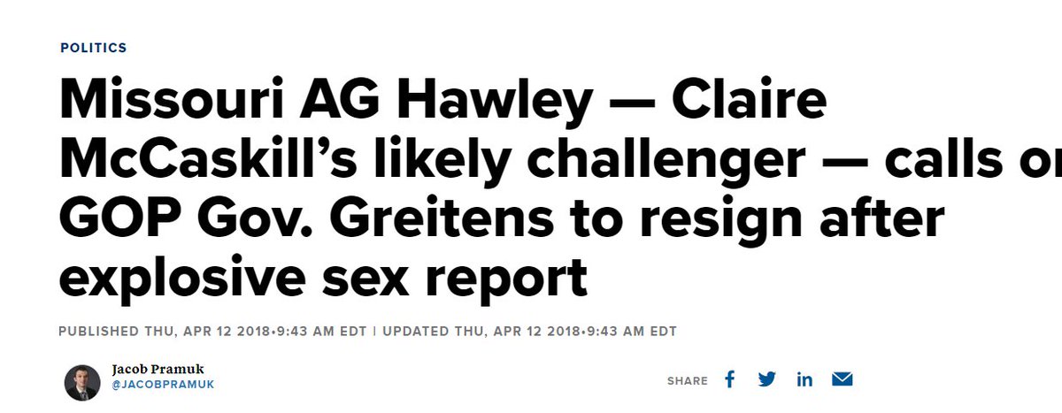 But there was somewhat of a roadblock--or opportunity depending on how you view Eric Greitens. Greitens was Missouri's Trumpian Governor who raped and sexually assaulted a woman. Hawley had to make a decision about how, as Missouri's AG, to handle the situation.25/