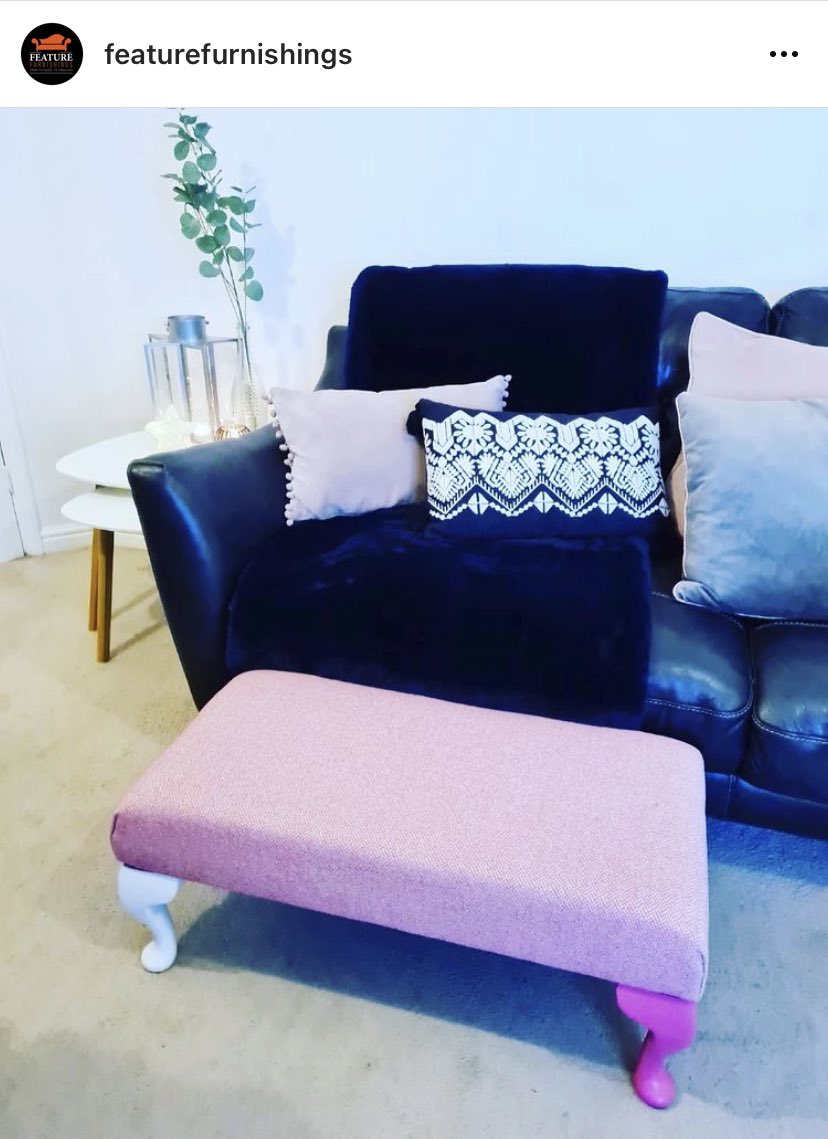 FeatureFurnish1's tweet image. This footstool is certainly pretty in pink... what was previously a disheveled lopsided footstool destined for the skip, it has been saved and transformed into a super stylish feature sitting comfortably, pride of place in this living room. @Linwood_Fabric Faroe Candy