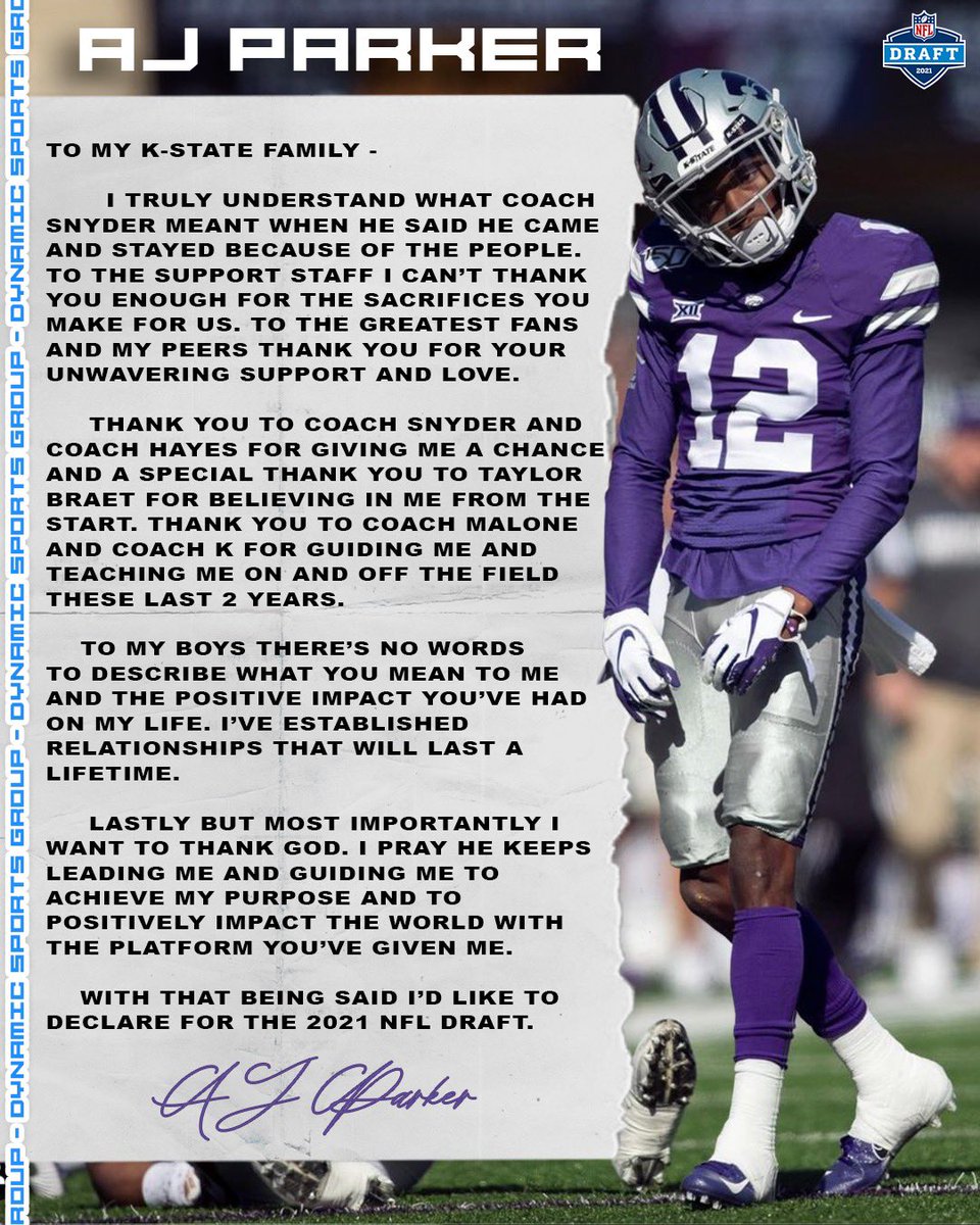 Kansas State DB AJ Parker has declared for the NFL Draft r/CFB