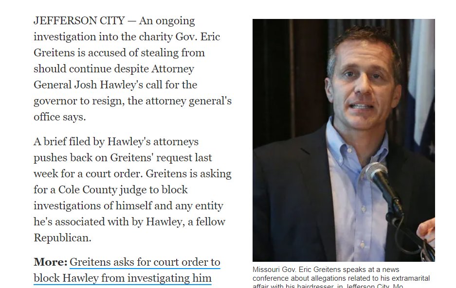 Ultimately, Hawley decided to come down against Greitens. Few have discussed this point, but there's considerable evidence that Eric Greitens--a Navy SEAL and Rhodes Scholar--with a similar conservative populist bent was Hawley's most serious competition for higher office.26/