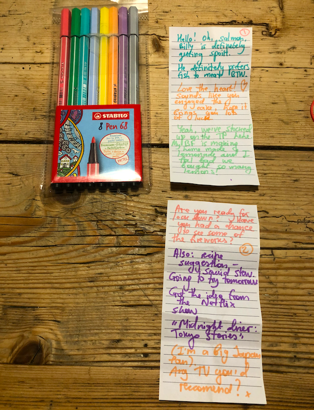 Development 2: my girlfriend bought some colourful pensNB: this squid stew was sublime (couldn't find taro, used sweet potato):  http://www.punkednoodle.com/squid-and-taro-stew-from-sweetness-and-lightning/