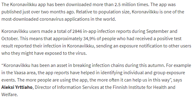 Contact tracing app Koronavilkku was launched September 1st. The goal was to reach one million downloads before the end of September. It was reached the same day; 2 million within 2 weeks (population size 5.5 million). This article is from November.
