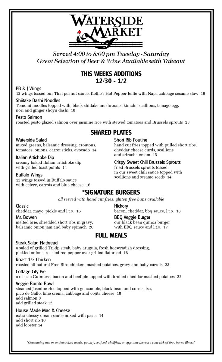 Tonight's Menu!  Online ordering available at watersidemarket.com.
