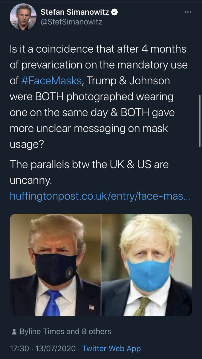 3/. Why were some of the most advanced economies in the world so woefully unprepared for  #COVID?The parallels btw UK & US flawed COVID strategies are uncannily similar:- ignoring WHO warnings- late lockdown- lack of PPE- introducing face masks on the same day, 4 months late
