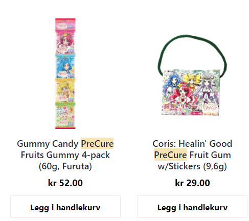 PrecureNO's tweet photo. Precure har utrolig mye forskjellige godsaker og varer som man kan få tak i på nettet. Til tross, så er det eneste vi hadde mulighet å skaffe et par utsolgte figurer (og smågodt)😬 La oss prøve å få @Outland_no &amp; @neo_tokyo_store til å bestille inn fler varer!✨😊 https://t.co/6r94vH64bF