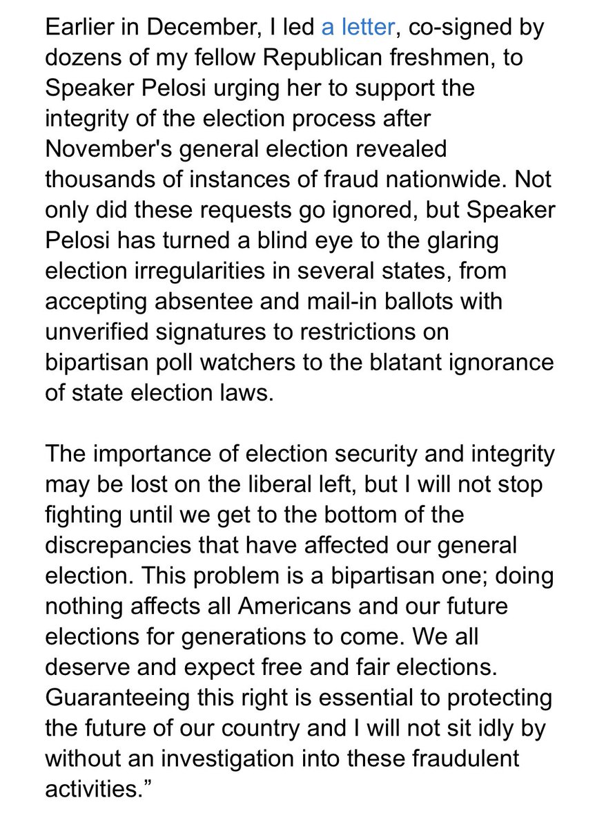 Given my constitutional duty and the fact that thousands of sworn affidavits detailing specific election irregularities remain unresolved, I will object to the electoral college certification process on January 6. Read my full statement below: