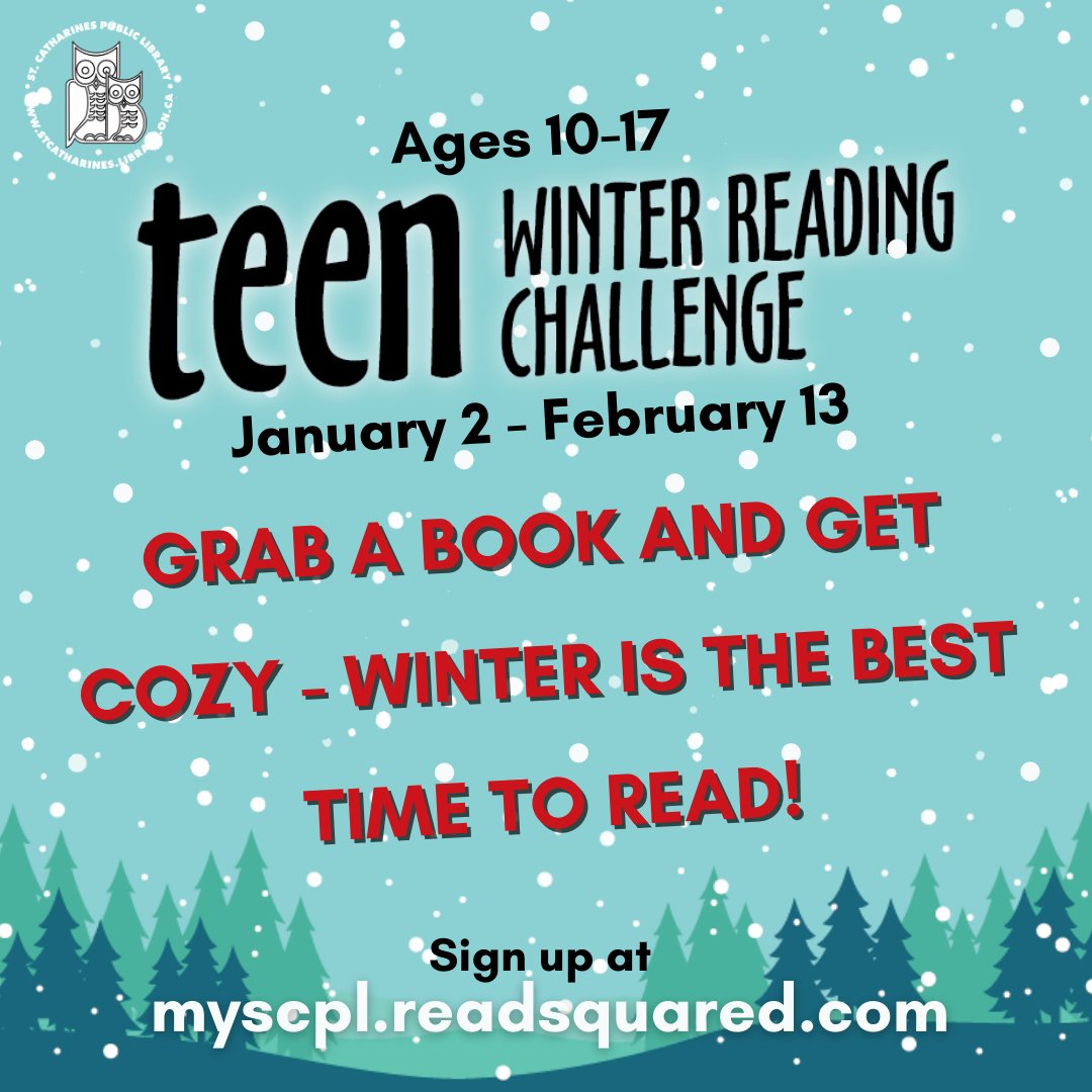stcathlibrary's tweet photo. Tweens &amp; teens ages 10-17 can register for the Winter Reading Challenge at https://t.co/zvVSIXS2Zs. Log the books you read - the more you read, the more points you earn for a chance at winning some of great prizes, like a Beechwood Doughnuts gift card, book bundles, and more! https://t.co/Scn9oHqAVz