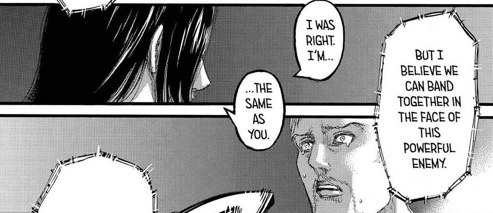 I think Reiner is the character that understands the part of Eren who feels guilty, the selfish part who puts his flawed goal about freedom before other people's lives, kinda like how Reiner put his selfish desires about being a hero before Bertholdt and Annie's lives