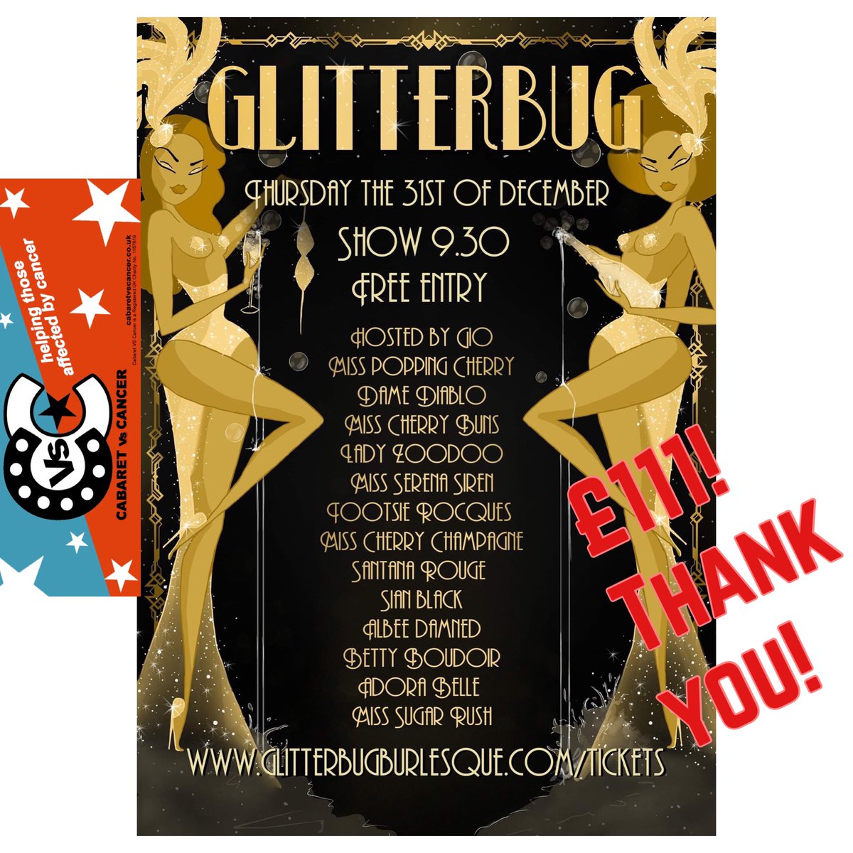 cabaretVScancer's tweet image. The first of YOUR support for @cabaretVScancer, a NYE online event has raised an amazing £111!

Thanks Glitterbug Burlesque!

#charity #thankyou #cabaret #burlsque #glitterbugburlesque