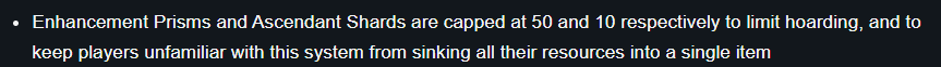 however you have to ask why are there ascendant shards in there in the first place? SK introduced that material and they haven't seen any change since in terms of stack-size limits. It was limited to it being new & stop hoarding. Ask yourself why now.