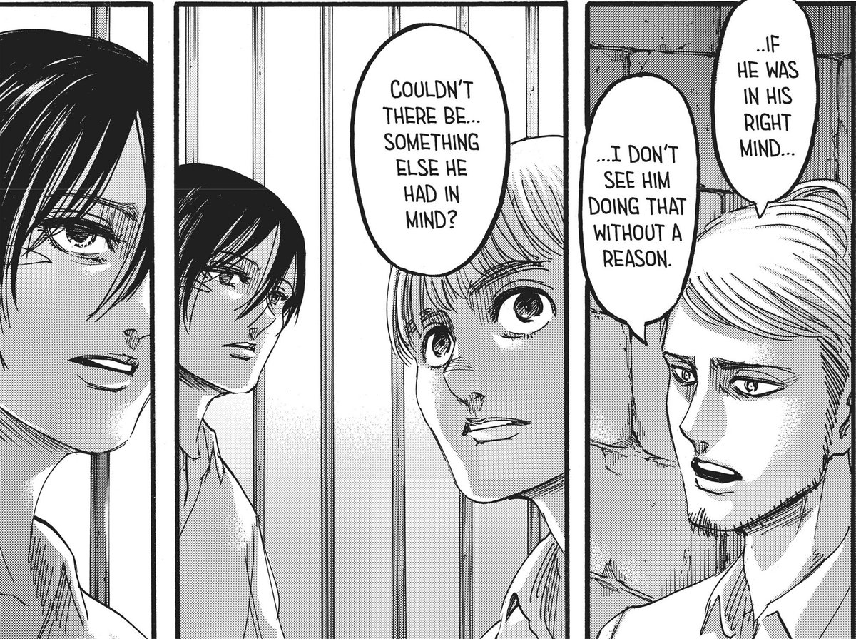 And then there's Jean, despite not being there, he's one of the first characters who realized that Eren has been lying to M and A in chapter 112. He's also one of the few people other than M & A to realize Eren's depression & wanted to snap him out of it by picking up a fight