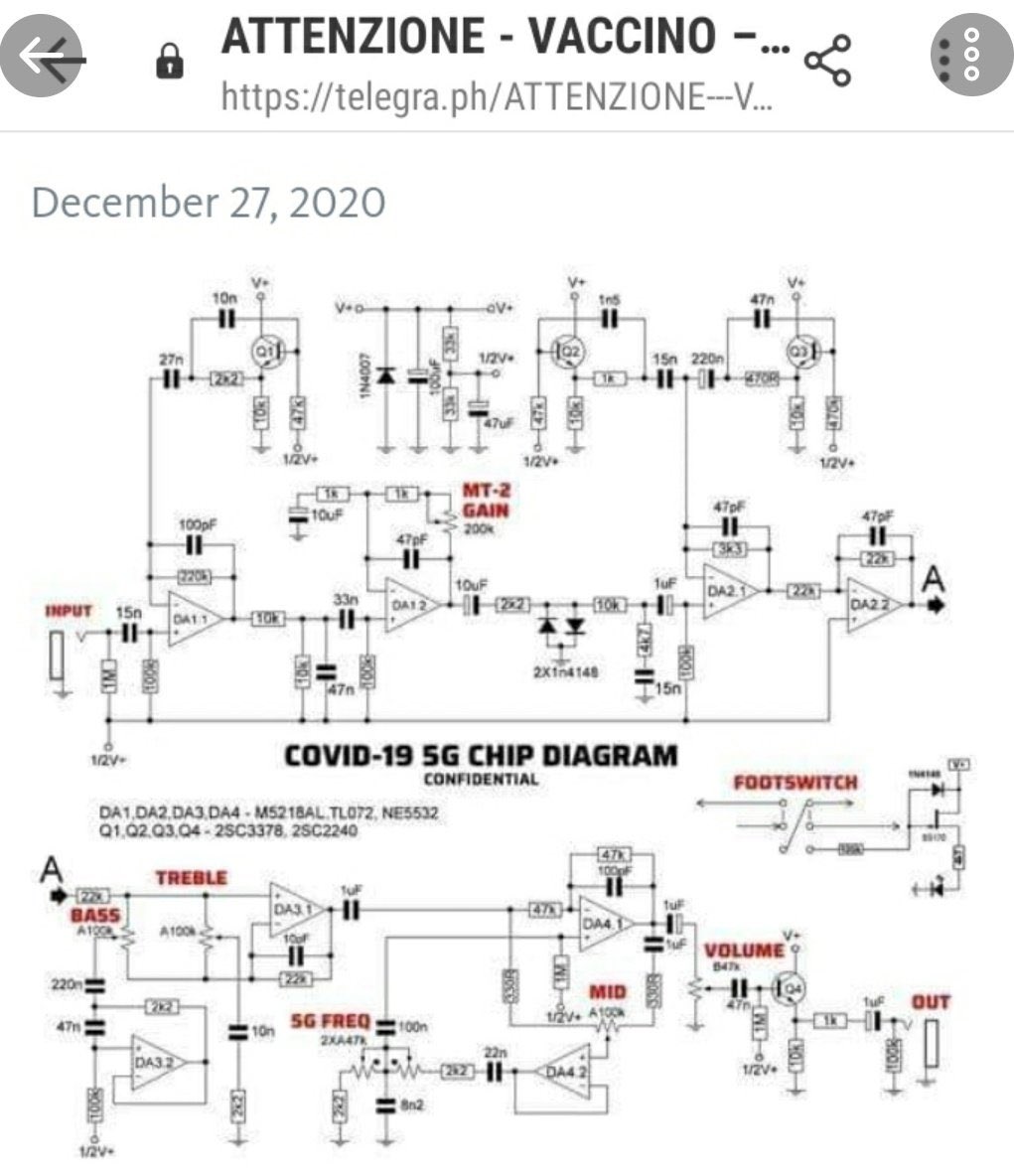 Bruno Guglielminetti | Mon Carnet (@guglielminetti) on Twitter photo En Italie, les gens ont commencé à partager ce plan en affirmant qu'il s'agit du schéma de la puce 5G qui est insérée dans le vaccin contre la Covid19. Mais en réalité, c'est illustration du circuit électrique d'une pédale de guitare ;-) (via <a href="/mariofusco/">Mario Fusco</a>) En Italie, les gens ont commencé à partager ce plan en affirmant qu'il s'agit du schéma de la puce 5G qui est insérée dans le vaccin contre la Covid19. Mais en réalité, c'est illustration du circuit électrique d'une pédale de guitare ;-) (via <a href="/mariofusco/">Mario Fusco</a>)