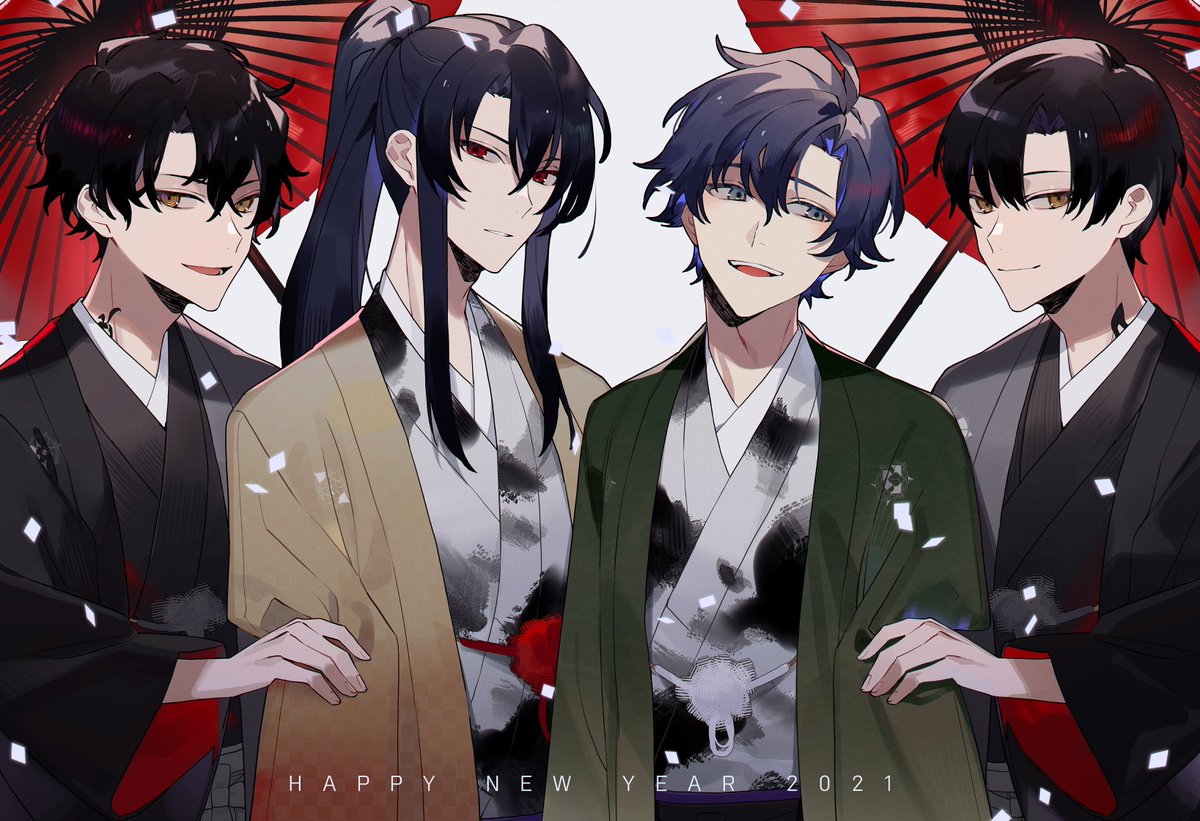 multiple boys japanese clothes haori kimono umbrella 4boys yellow eyes  illustration images
