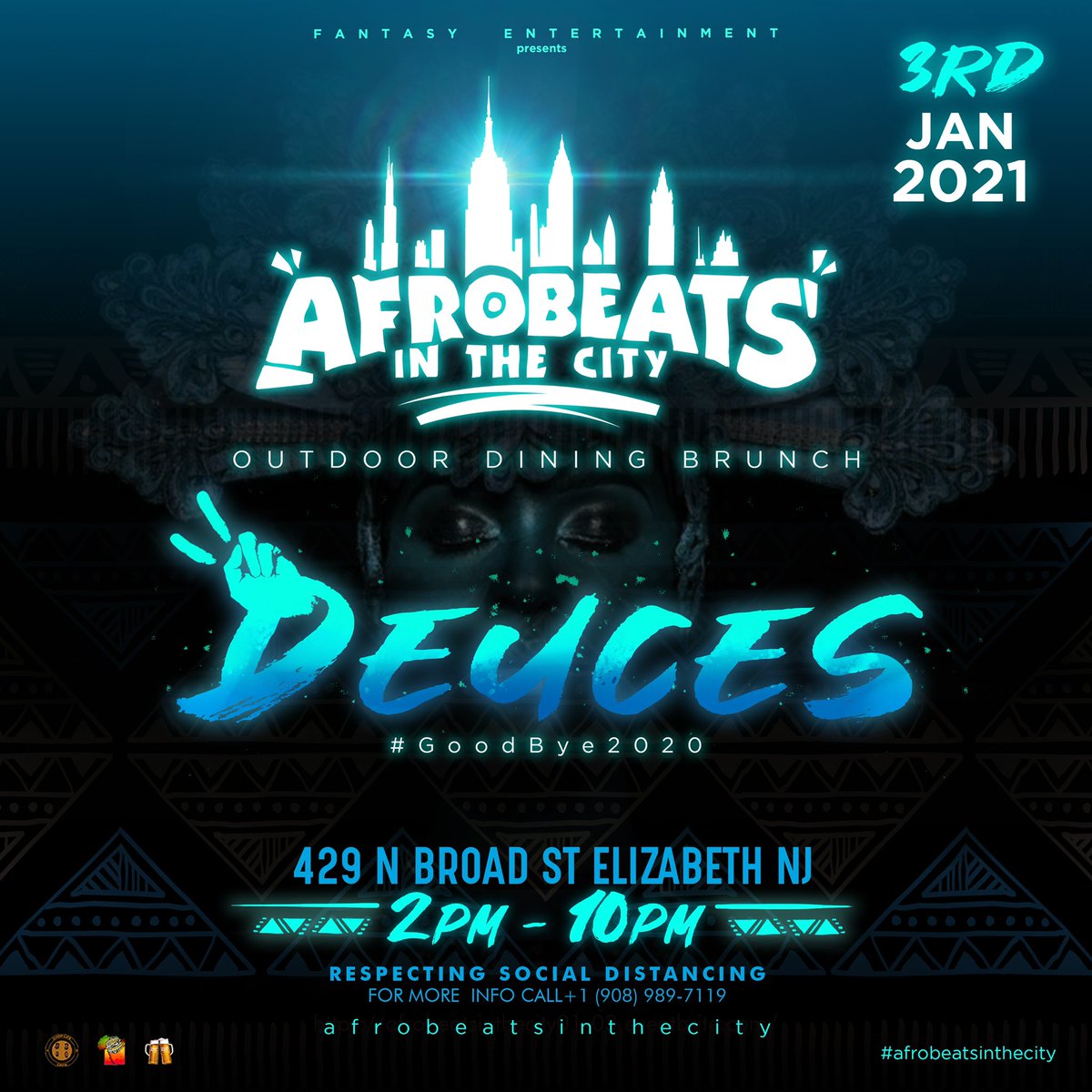 AfrobeatsInTC's tweet photo. DEUCES ✌️ GOODBYE 2020 ✌️
THE OFFICIAL NEW YEARS CELEBRATION BRUNCH DAY PARTY 🎉 Sunday {1/3} 
⏰*2PM - 10PM* !!!
EARLY ARRIVAL HIGHLY RECOMMENDED 

https://t.co/wWPNCILY9K https://t.co/AoHQDRjoDA
