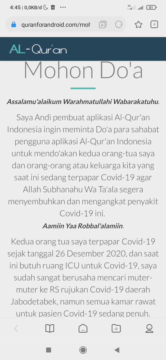 radi_nc's tweet photo. Mohon doa dan bantuannya. Pagi ini pas buka aplikasi Al Qur'an Indonesian dapat pesan ini dari sang pengembang aplikasi. 
Semoga ada yang bisa bantu cc @dr_koko28 @tirta_hudhi @blogdokter  @KemenkesRI 
 @fahiraidris @ismailfahmi @KawalCOVID19 https://t.co/SCNUSppLdt