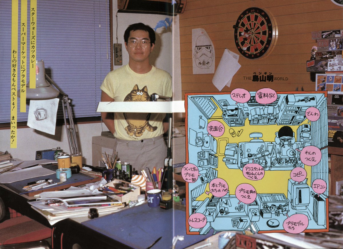 Sur le dessin ci-dessous représentant le studio de Toriyama à l'époque (avant son déménagement dans le bâtiment orange du Bird Studio à Kiyosu que nous connaissons), avec l'emplacement du bureau de Matsuyama-kun à ses côtés. Autre image : "Moi, ma femme et mon assistant" 8/14
