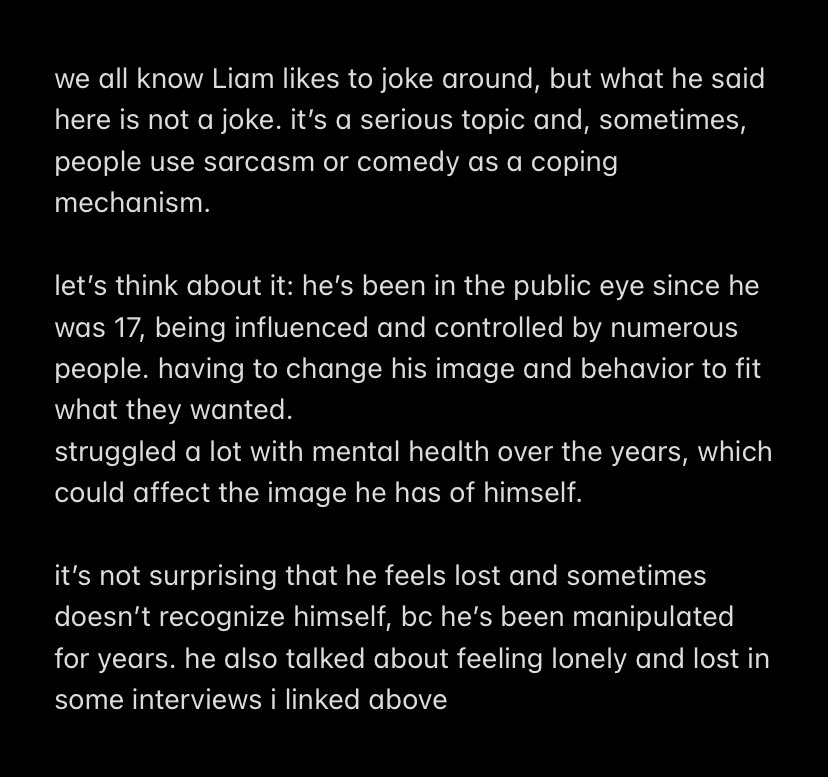 not knowing who he is (he talked about this many other times, the most recent was yesterday, and it caused many discussions bc people took it as a joke)interview:  https://www.google.es/amp/s/www.popsugar.com/beauty/liam-payne-tattoo-scent-interview-48080676/amp