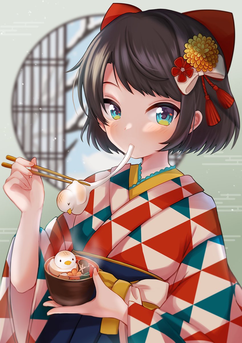 oozora subaru 1girl short hair swept bangs japanese clothes food kimono bangs  illustration images