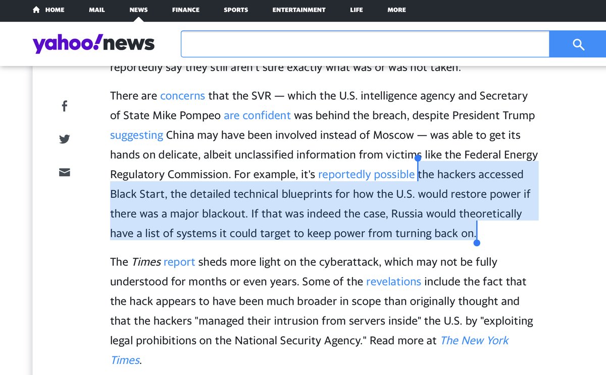 ”hackers accessed Black Start..detailed technical blueprints for how the U.S. would restore power if there was a major blackout...Russia would theoretically have a list of systems it could target...” http://tiny.cc/tcj7tz Mother of ...speaking of FERC https://twitter.com/File411/status/1332159090441809920?s=20