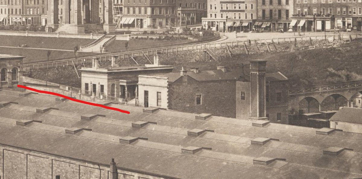 But there's a 3rd station, at 90° to the other 2, called "Canal Street" or "Princes Street". The former street is the red line, effectively on a line with the current northern ramp into the station. It served the Edinburgh, Leith & Granton Railway via the Scotland Street Tunnel