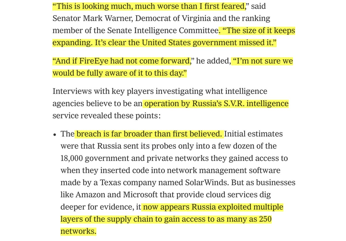 DUCK ME“breach is far broader than first believed...Russia sent its probes only into a few dozen of the 18,000 government and private networks..it now appears Russia exploited multiple layers of the supply chain to gain access to as many as 250 networks” http://tiny.cc/9dj7tz 