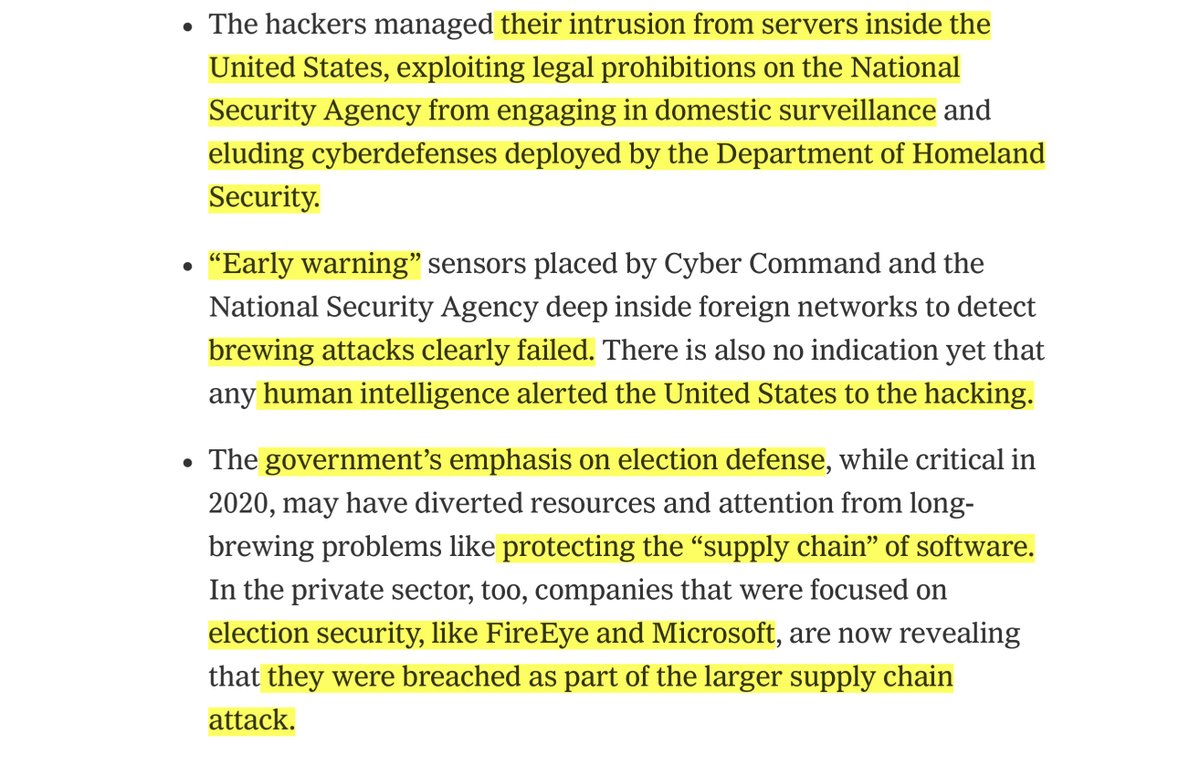 -bypassed the NSA’s & CISA’s “early detection” monitoring-eluding cyberdefenses deployed by DHS-no indication yet that any human intelligence alerted the United States to the hackingWarner’s comment is about https://twitter.com/File411/status/1336446883368235012?s=20 http://tiny.cc/9dj7tz 