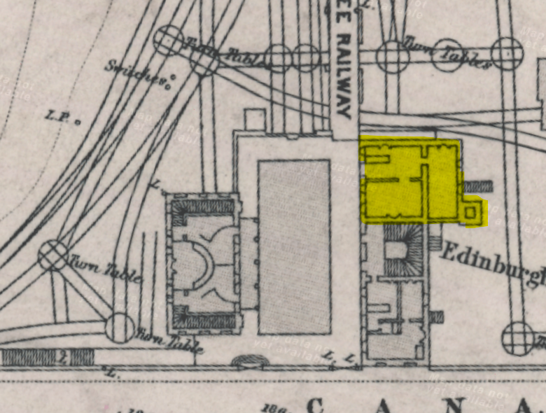 I have highlighted the winding house in yellow. Note the beautiful internal detail of these early town plans. Note also how the crazy network of lines was served by a myriad of small turntables, which would soon prove to be a totally impractical way to run a railway station