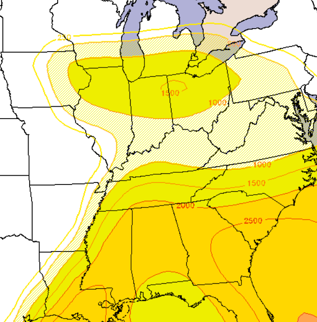 The violent tornado webpage depicted CAPE levels well over 2000 in Alabama, suggesting that the atmosphere destabilized further. Two EF4 tornadoes touched down on this day. One obliterated 2 homes near Yantley, killing 2. The other EF4 killed 7 near Anniston.
