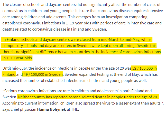 Finland doesn't want to close schools although it went well in spring. It's based on the Swedish Public Health Agency's flawed paper claiming Finland had bigger incidence despite closed schools. Sweden didn't test and had kids in ICU. One died (excluded).  https://thl.fi/sv/web/thlfi-sv/-/stangning-av-skolor-och-daghem-paverkade-inte-markbart-antalet-konstaterade-fall-av-coronavirus-hos-barn-och-unga-