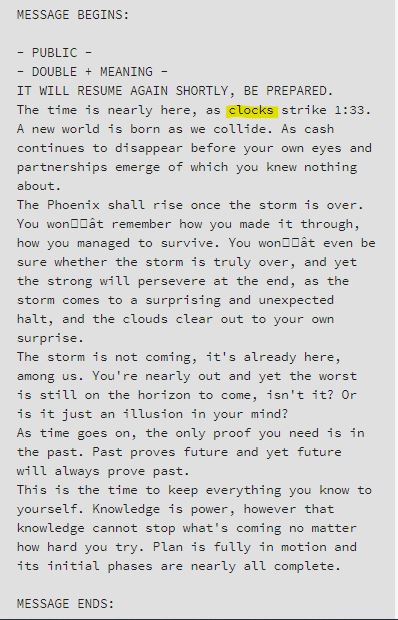 August 15 message (clocks strike 1:33) pointed to October 23, 2020. Saturn was at -133º SGL and the Moon was at -133º SGL. 3/*