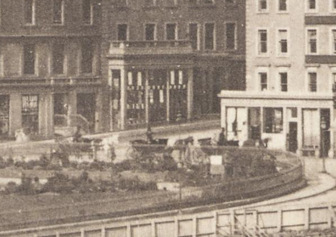 This is before the advent of horse trams, they didn't come until about 10 years later, and the only sign of road transportation around are some horse cabs, ranked for hire (or perhaps waiting for their owners) on Princes Street.