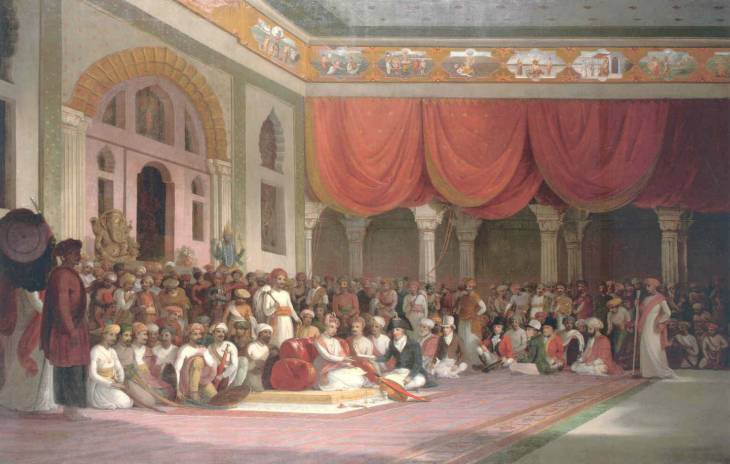 Sir Charles Warre Malet, Concluding a Treaty in 1790 in Durbar with the Peshwa of the Maratha EmpireThomas Daniell, 1805Malet, of the East India Company, presents a scroll to the Peshwa Madhavrao II, formalising an alliance against another Indian ruler, Tipu Sultan of Mysore.