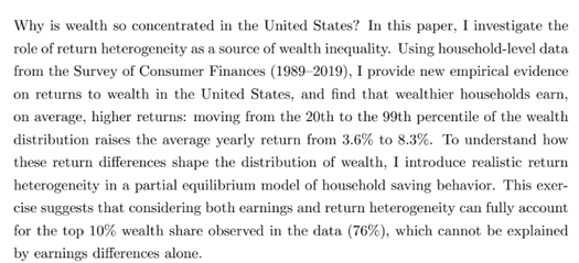 Inês Martins Xavier“Wealth Inequality in the US: Role of Heterogeneous Returns” https://www.dropbox.com/s/njzzx31616uek7p/JMP_Xavier.pdf?dl=0