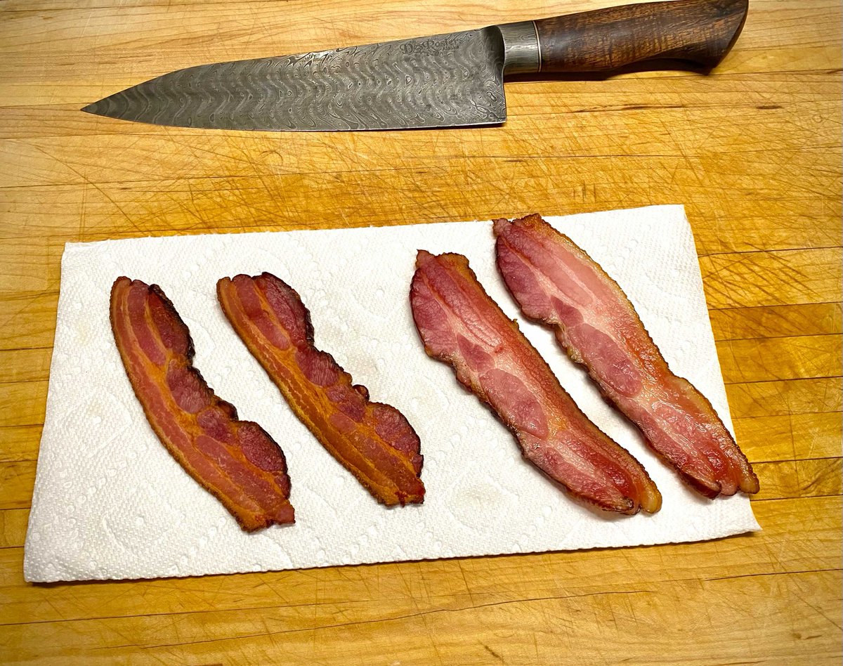 Here's a photo of bacon fried at ~500 watts for 5 minutes, versus 1150W for 2min. Notice how the edges are overcooked on the right in the full-power fried bacon on the left? That's the antenna edge effect. 8/