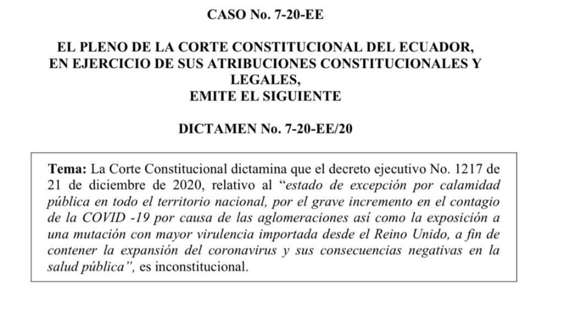 elcomerciocom's tweet photo. #URGENTE | La Corte Constitucional declara “inconstitucional” el Decreto 1217 de Lenín Moreno del 21 de diciembre del 2020. Recuerda al Gobierno que las medidas para evitar aglomeraciones podían adoptarse sin recurrir a las “potestades extraordinarias” de un “estado de excepción” https://t.co/AiO5hlGs34