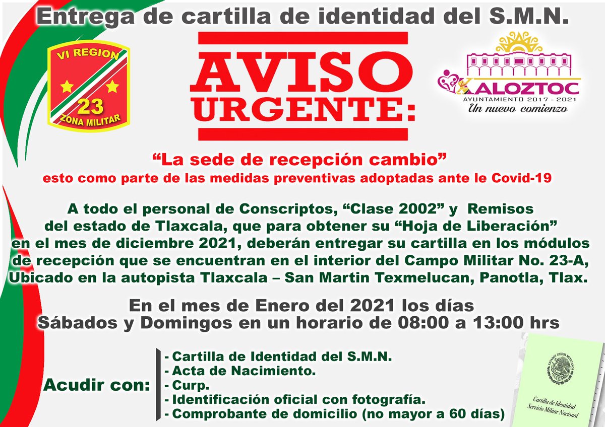 DrMarioLopezL's tweet photo. ¡Buenas Noches!, amigas y amigos. 
#SMN⚫⚪ | Les comparto la siguiente información que nos hicieron llegar, por parte de la 23/a Zona Militar, Panotla, Tlaxcala y la @SEDENAmx. ¡Recuerden que es muy importante realizar dicho trámite!
#Un_Nuevo_Comienz❤ https://t.co/7L5sDOstDJ
