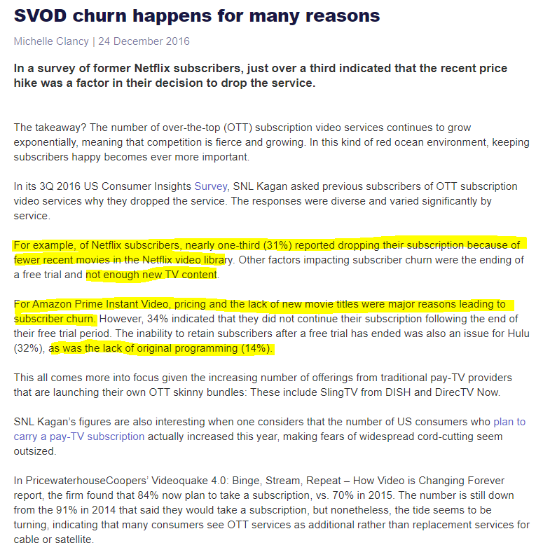 4/ Streamers like  $NFLX are highly focused on (i) subscriber growth / retention; and (ii) pricing growth. The top reasons for churn are largely related to lack of content.  $NFLX has grown pricing at a CAGR of ~8% from '14 - '19. To continue this, new content will be required.