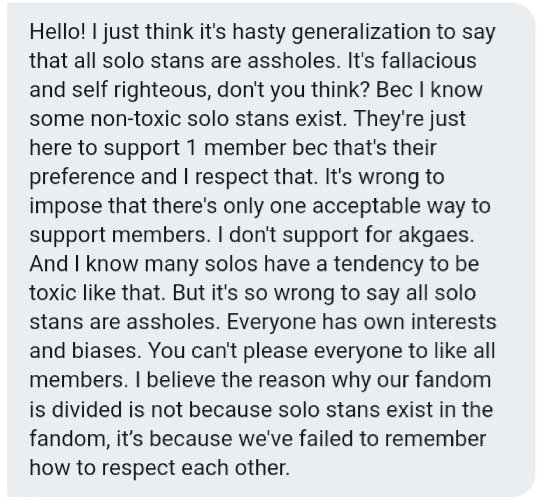 I got a DM I'd share and my take on it!1. Solo stan ≠ solo biased ARMY 2. We can't force anyone to like all members! But if you don't like all members, you are not  #BTSARMY! So "our" fandom is not "your" fandom! 3. You can peacefully like whoever even without our approval! 