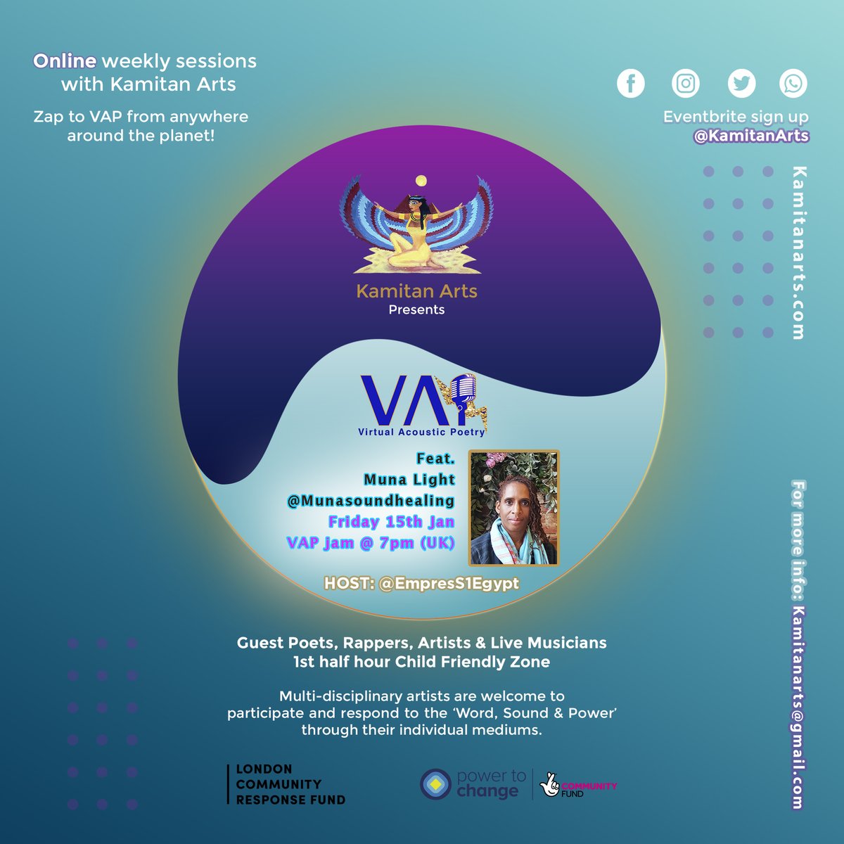 KamitanArts's tweet photo. Join us in 2 wks FRI 15th Jan 7pm for the 1st VAP Jam this year!! Ft. Sound Healer &amp; Songstress @Muna_Light_ aka #MarciaEscoffery ⚡ Zap to VAP from anywhere around the planet! ⚡#VAPJam #VAP #VirtualAcousticPoetry #KamitanArts #MunaLight  @peoplesbiz @CityBridgeTrust @TNLComFund https://t.co/8BRY6ETbCm
