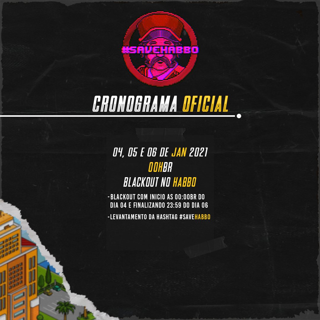 BLACKOUT HABBO
Durante os dias 4, 5 e 6 será realizado o Blackout Habbo, o movimento será global, todos os hotéis juntos em prol do #SaveHabbo. 
During the 4th, 5th and 6th will be held the Blackout Habbo, the movement will be global, all hotels together in favor of #SaveHabbo.