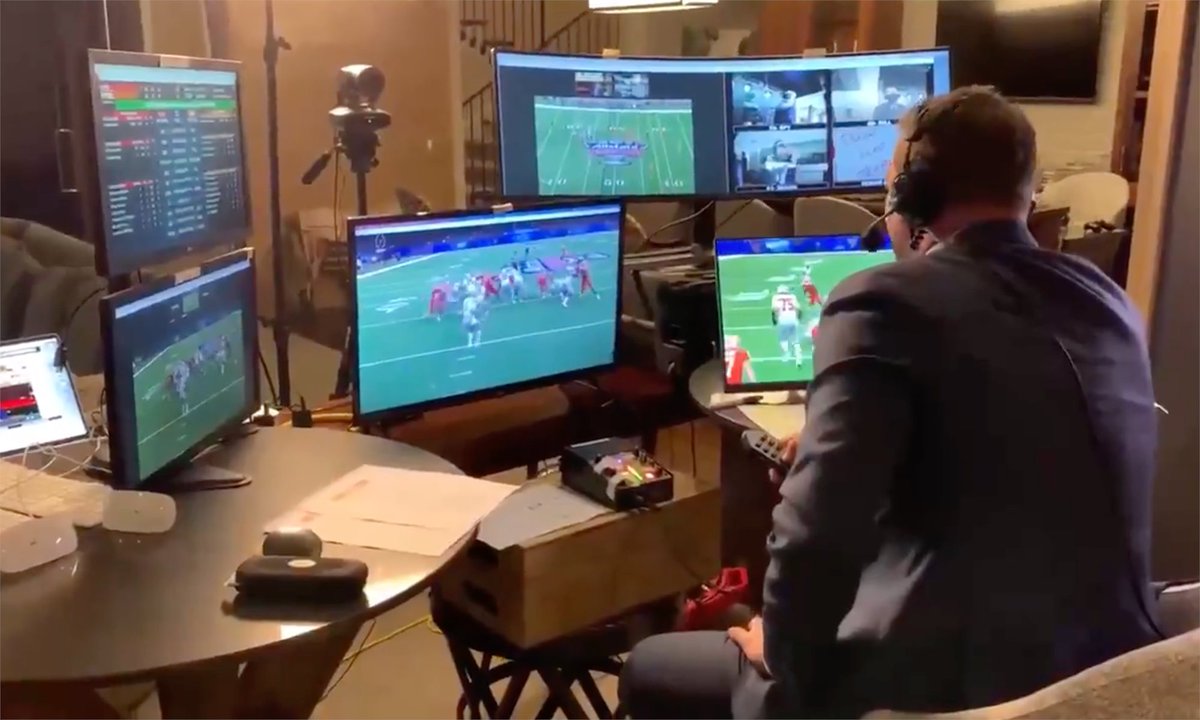 For those interested in the nitty gritty of  @KirkHerbstreit's announce-from-home set up, here's a few of the details from  @espn Remote Ops Specialist Brian Ristine:/THREAD