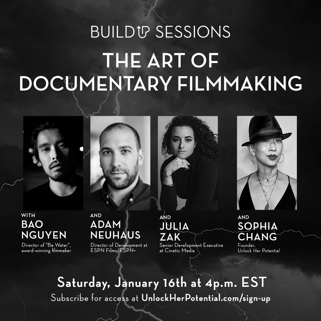 Happy 2020, UPstarts! So excited to announce the next Build UP Session. Documentaries are a beautiful blend of history &amp; art and 3 of our mentors <a href="/baomnguyen/">Bao Nguyen</a>, <a href="/AdamNeuhaus/">Adam Neuhaus</a>, and Julia, will be walking us through the process. Please register at unlockherpotential.com/sign-up! <a href="/sophchang/">Sophia F**k A Blue Check Chang</a>