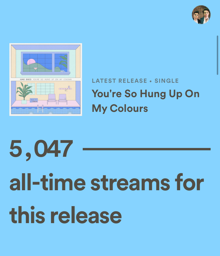 5k plays up on Spotify for 'You're So Hung Up On My Colours'!! Ty ty ty ty to everyone listening out there. It means the world to us ❤❤❤
