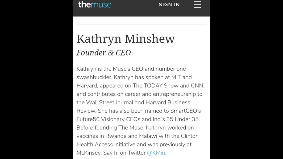 Kathryn Minshew another founder and CEO of The Muse worked on vaccines in Rwanda and Malawi with the Clinton Health Access Initiative and was previously at McKinsey...The rest of the team is pretty interesting, here's the link... https://www.themuse.com/team  https://twitter.com/Shorty56167141/status/1255804452122099712?s=20