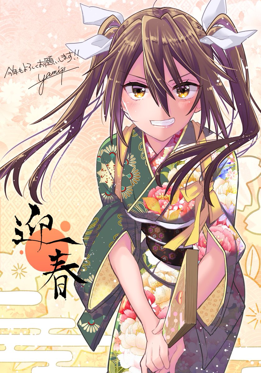 tone (kancolle) 1girl japanese clothes solo twintails kimono smile brown hair  illustration images