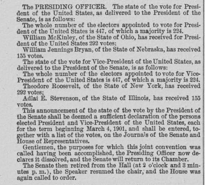 As to whether the House just wasn't paying attention in 1889, 93 & 97, they were in 1901 – and this time when the Senate sent over its con res, the House amended it to follow the terms of the ECA (ie, don't announce the winner), the Senate agreed, and all went well.14/