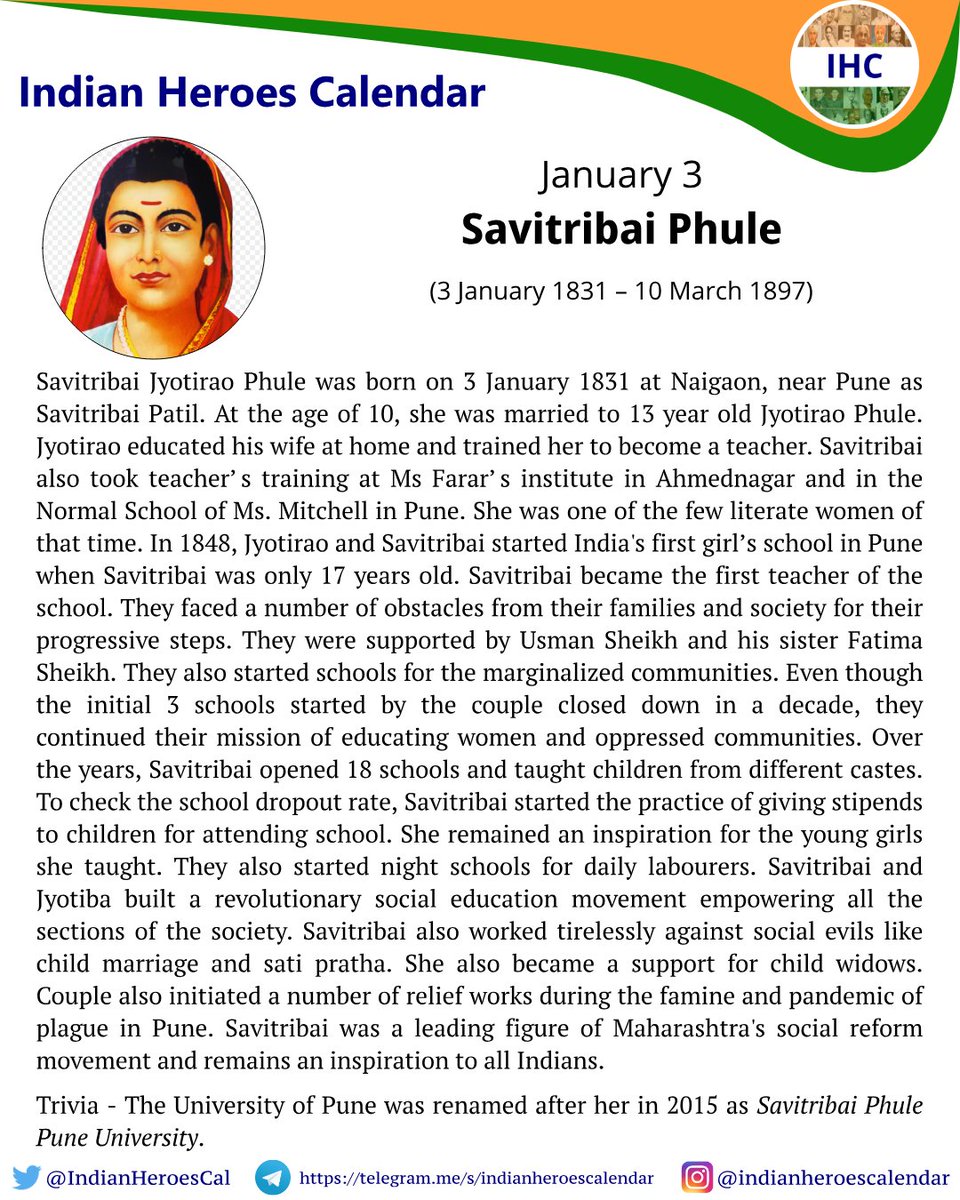 3 January - Savitribai Phule
3 जनवरी - सावित्रीबाई फुले

#JanuaryHeroes #January3 #3January #SavitribaiPhule
#indian #heroes #calendar #IndianHeroesCalendar #IHC #KnowIndia #birthanniversary
#VocalForLocal #RememberingHeroes #KnowOurHeroes