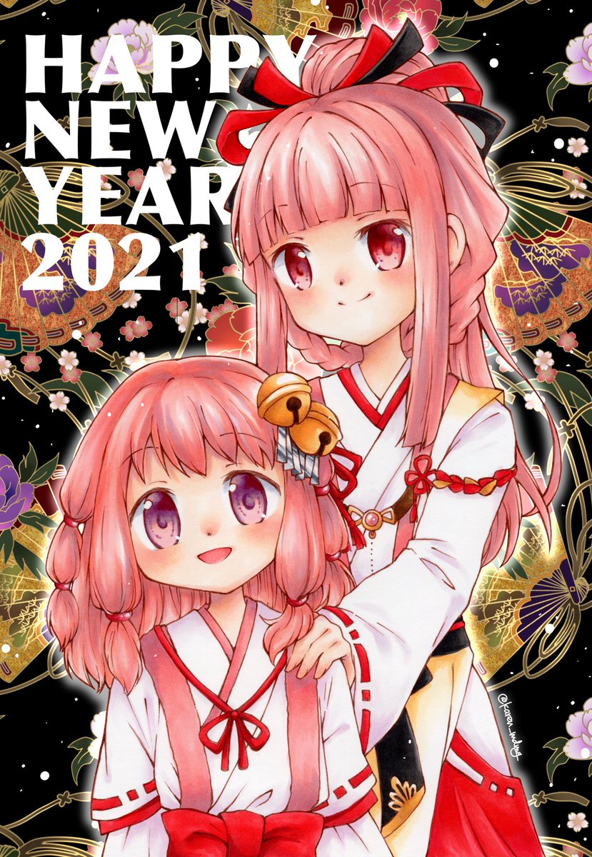 tamaki iroha multiple girls 2girls pink hair japanese clothes smile ribbon dot nose  illustration images