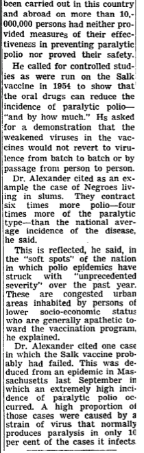 The reason was structural racism, poverty, and no national health-care system. But the CDC spokesman said too many people in such neighborhoods were "apathetic toward the vaccination program." Which of course he did, it's a racist country, but kinda takes my breath away