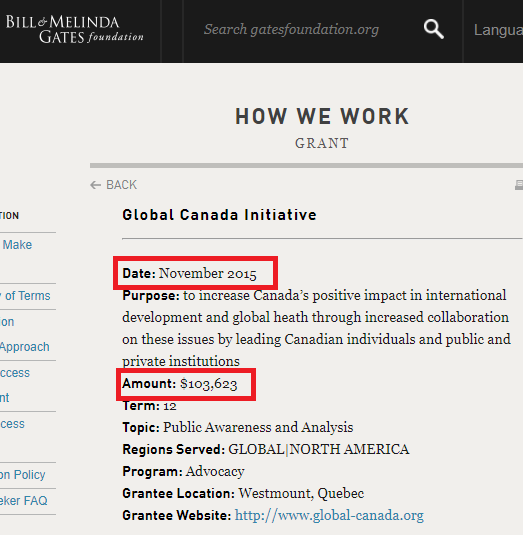 Global Canada (“GC”) was founded in 2015 and has since received three grants as disclosed on the Bill & Melinda Gates Foundation website. The first two were in November 2015/2016 and total a modest ~$1.3m…  (more on the 3rd, more recent grant in a moment)